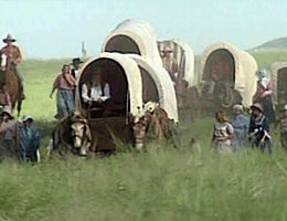 Re-creation of wagon trains on their way west on the Oregon Trail