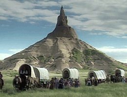Wagon trains used landmarks, such as Chimney Rock, to guide them on their journey