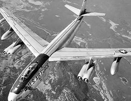 The B-47 was the first major SAC bomber. It had a crew of three and could deliver over 8,000 pounds of bombs.
