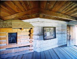 A panoramic view of the reconstructed interior of a Ft. Atkinson barracks room