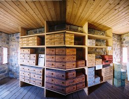 A panoramic view of the reconstructed interior of the Ft. Atkinson Powder Magazine, originally built out of bricks from the local brickyard