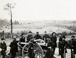 General William Sherman leaning on breach of gun with his staff at Federal Fort Nov. 7, 1864. Uriah Oblinger served under Sherman in the siege of Atlanta, just after the letter below.