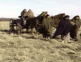 Group walking with wagon; A dramatization of the Ponca's trek from Indian Territory back to the Niobrara