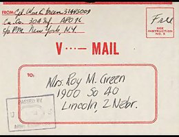 Address cover of a censored V-Mail letter from William Green, from "somewhere in France" to his mother in Lincoln, Nebraska, 1945