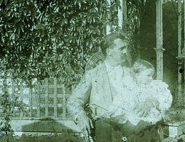 George Norris and his daughter Hazel in front of their home in Beaver City, Nebraska