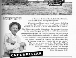 Advertisement excerpt: Moving a hay stack with a D-8 Caterpillar on the Peterson Brothers Ranch near Lakeside, Nebraska, 1949