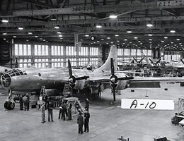 B-29 assembly: "B-29Overrun Ship #39 (fifth ship) L.H. Side Front 3/4 view; Old MOD. Bldg."