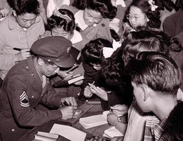 While he was visiting 3 relocation camps (Heart Mountain in Wyoming, Minidoka in Idaho, & Topaz, Utah), Ben Kuroki became a celebrity among the younger Nisei internees, who were as captivated by Air Corps flyers as the rest of America