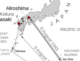 Mission map for the bombings of Hiroshima and Nagasaki, August 6 & August 9, 1945. Kokura is included because it was original target for August 9. However, weather obscured visibility, so Nagasaki was chosen as backup.