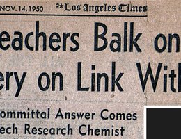 Newspaper headline about California teachers who didn’t want to take a loyalty oath, November 14, 1950