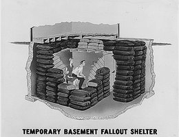 Artist’s rendition of temporary basement fallout shelter, 1957
