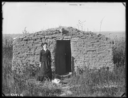 Miss Mary Longfellow holding down a claim west of Broken Bow, Nebraska, circa 1880s