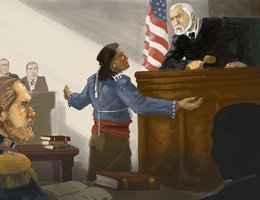 An illustration of the courtroom during Standing Bear’s trial