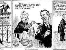 Political cartoons in the Omaha World Herald showed George Norris pushing the Unicameral on unenthusiastic Nebraskans